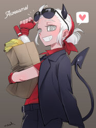  1girl absurdres artist_name banana belt black_belt black_horns black_jacket black_pants bottle brown_background clenched_teeth demon_girl demon_horns demon_tail english_text eyewear_on_head fingerless_gloves food fruit gloves gradient_background grey_eyes groceries hairband heart helltaker highres holding horns jacket jacket_on_shoulders justice_(helltaker) looking_at_viewer noah_(tettsui-sole) pants red_gloves red_hairband red_shirt shirt short_hair smile solo spoken_heart sunglasses tail teeth white_hair 