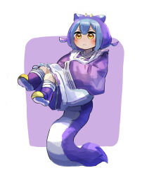  1girl apron blue_hair blush boots closed_mouth dragon_girl dragon_horns dragon_tail duel_monster hair_between_eyes hatano_kiyoshi highres horns japanese_clothes kimono laundry_dragonmaid long_hair long_sleeves maid maid_apron multicolored_hair purple_boots purple_hair purple_kimono short_twintails simple_background solo tail twintails wa_maid white_apron yellow_eyes yu-gi-oh! 
