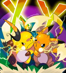 absurdres artist_name blue_eyes electricity fang fangs harlequinwaffles highres mega_pokemon mega_raichu_x mega_raichu_y mouse_(animal) multiple_tails no_humans orange_fur pokemon pokemon_(creature) pokemon_focus pokemon_legends:_z-a raichu red_eyes tail very_long_ears very_long_tail yellow_fur