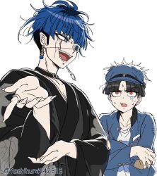  2boys black_hair black_haori black_kimono black_roots blue_eyes blue_hair blue_hat blue_jacket blunt_bangs bridge_piercing earrings eye_contact eyeshadow face_piercing fingernails grey_eyeshadow grin haori hat highres jacket japanese_clothes jewelry kimono lip_piercing looking_at_another lower_eyelashes_only makeup male_focus maruko_gaku mismatched_earrings multiple_boys omokage_yugamu patch piercing pointing pointing_at_viewer pointy_ears print_eyepatch red_eyes scar scar_across_eye scar_on_face sharp_fingernails smile sweat the_hundred_line_-last_defense_academy- twitter_username undercut yoshihumi442313 