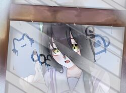  1girl cat condensation cup ear_tag finger_writing hair_between_eyes highres long_hair_between_eyes manhattan_cafe_(umamusume) milestone_celebration mirrored_text open_mouth purple_shirt sailor_collar sango0707315 school_uniform shirt smile solo tracen_school_uniform umamusume white_sailor_collar window_fog yellow_eyes 