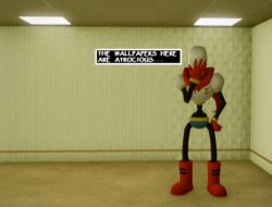  1boy 2023 3d armor backrooms_(creepypasta) blue_shorts boots ceiling ceiling_light commentary dialogue_box digital_media english_commentary english_text facepalm fluorescent_lamp full_body garry's_mod_(medium) gloves hand_on_own_thigh humanoid indoors liminal_space male male_focus male_only monster monster_boy myiggywanna paint.net_(medium) papyrus_(font) papyrus_(undertale) red_boots red_gloves red_scarf scarf shorts skeleton solo standing teeth text tile_ceiling tiles undead undertale utdr_(toby_fox) white_armor 