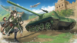  1girl aircraft airplane black_thighhighs blush claw_pose dragon_girl dragon_horns dragon_tail eastern_dragon_horns eastern_dragon_tail fighter_jet great_wall_of_china highres horns karo-chan long_hair military military_vehicle motor_vehicle official_art official_wallpaper open_mouth pointy_ears shenyang_j-7 shorts skindentation smile solo tail tank thigh-highs thigh_strap type_59_(tank) very_long_hair war_thunder 