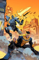  2boys absurdres armor black_hair blue_bodysuit bodysuit bridge building city city_lights cityscape commentary covered_abs debris dust dust_cloud dynamic_pose english_commentary gloves highres image_comics invincible_(character) invincible_(series) leo_chiola male_focus mark_grayson multicolored_bodysuit multiple_boys muscular muscular_male outdoors power_armor science_fiction short_hair sky skyscraper spandex superhero_costume tech_jacket tower two-tone_bodysuit western_comics_(style) yellow_bodysuit 