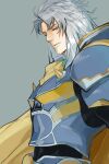  1boy armor belt blue_armor blue_belt breastplate cape expressionless final_fantasy final_fantasy_i from_side full_armor grey_background grey_hair highres long_hair male_focus nini_tw99 pauldrons shoulder_armor simple_background solo spiked_armor violet_eyes warrior_of_light_(ff1) white_hair yellow_cape 