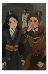  3boys armor black_eyes black_hair black_hanfu border bracer brown_eyes brown_hair brown_hanfu cape chinese_clothes chinese_hairpin clenched_hand covering_own_mouth feng_xin grimace hair_bun hair_ribbon hand_over_own_mouth hanfu hat hat_on_back high_collar high_ponytail highres layered_clothes long_hair long_sleeves male_focus mu_qing_(tianguan_cifu) multiple_boys mural official_art orange_cape ponytail ribbon rice_hat rounded_corners sash shoulder_armor sidelocks silk single_hair_bun spider_web tassel tianguan_cifu topknot white_border white_hanfu wide_sleeves xiao_guan_(headdress) xie_lian yaroslava_murashko yellow_ribbon 