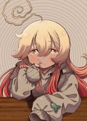  1girl absurdres ahoge antenna_hair blonde_hair colored_eyelashes eyelashes_through_hair hair_between_eyes highres huge_ahoge igarashi_yuusuke_(wabisabi_buriki) jacket looking_at_viewer multicolored_hair original red_hair red_nails solo table two-tone_hair very_long_sleeves wooden_table 