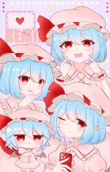  1girl 2091966 absurdres bat_wings blush cellphone character_name closed_mouth fang frilled_cuffs frilled_hat frilled_shirt_collar frilled_skirt frills hair_between_eyes hand_up hands_up hat hat_ribbon heart highres holding holding_phone index_finger_raised looking_at_viewer mob_cap multiple_views one_eye_closed parted_lips phone pink_hat pink_shirt pink_skirt pointy_ears puffy_short_sleeves puffy_sleeves purple_hair red_eyes red_ribbon remilia_scarlet ribbon shirt short_hair short_sleeves skin_fang skirt smartphone smile speech_bubble spoken_heart touhou wings wrist_cuffs 
