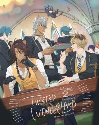  6+boys ace_trappola animal_ears belt black_gloves black_jacket blue_hair braid brown_belt brown_hair cat croissant deuce_spade floyd_leech food gloves grim_(twisted_wonderland) grin highres holding holding_tray hyena_ears indoors jack_howl jacket jade_leech jewelry leona_kingscholar lion_ears male_focus multicolored_hair multiple_boys necklace necktie ruggie_bucchi shirt short_hair smile streaked_hair striped_necktie table tray twin_braids twisted_wonderland vest washiko_(rasuko) white_shirt wolf_ears yellow_vest 