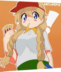  ! 1girl absurdres artist_name artnpepsi blonde_hair blue_eyes blush braid breasts employee_uniform fast_food_uniform food food_in_mouth french_fries highres holding holding_food k-on! kotobuki_tsumugi long_hair looking_at_viewer orange_background thick_eyebrows twin_braids visor_cap 