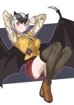  1girl alternate_costume animal_ears arms_behind_head arms_up bat_ears bat_girl bat_wings belt black_belt black_hair black_thighhighs boots brown_footwear collared_shirt commentary daito_fruit_bat_(kemono_friends) extra_ears full_body grey_hair hair_between_eyes highres kemono_friends long_sleeves multicolored_hair orange_eyes red_shorts shirt short_hair short_shorts shorts smile solo split_mouth sweater tanabe_(fueisei) thigh-highs two-tone_hair unmoving_pattern wings yellow_shirt yellow_sweater 