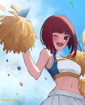  1girl arima_kana blue_sky bob_cut cheerleader happy highres inverted_bob looking_at_viewer navel one_eye_closed open_mouth oshi_no_ko red_eyes redhead short_hair skirt sky smile solo tsunkyunn white_skirt 