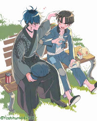 2boys angry belt_collar bench black_hair black_hakama black_roots black_slippers blue_hair blue_jacket blue_pants blunt_bangs blush collar drooling eye_contact fingernails food grabbing_another&#039;s_hair hakama hakama_pants half-closed_eyes hat highres holding holding_another&#039;s_hair holding_food holding_unworn_clothes holding_unworn_hat jacket japanese_clothes juice_box looking_at_another male_focus maruko_gaku mouth_drool multiple_boys musical_note omokage_yugamu on_bench pants park_bench patch red_eyes scar scar_across_eye scar_on_face sharp_fingernails sitting slippers smirk tearing_up the_hundred_line_-last_defense_academy- twitter_username undercut unworn_hat unworn_headwear yoshihumi442313 