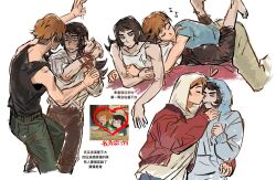  1boy 1girl abaddon_(haunted_hotel) abaddon_(human)_(haunted_hotel) aged_up assertive_female bags_under_eyes black_tank_top blue_eyes bound bound_arms brown_hair esther_freeling haunted_hotel hetero highres hood hood_up hoodie hug kabedon kiss kissing_cheek long_hair lying_on_person orange_hair repeeksdnuorg screenshot_inset shirt short_hair simple_background tank_top undercut white_background white_shirt white_tank_top 