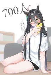  1girl animal_ears black_hair black_shorts blue_hair blush cellphone colored_inner_hair dolphin_shorts ear_ornament ear_tag earrings hair_between_eyes highres holding holding_phone horse_ears horse_girl jewelry long_hair long_hair_between_eyes manhattan_cafe_(umamusume) milestone_celebration multicolored_hair orange_hair parted_lips phone sango0707315 shirt shorts single_earring sitting smartphone solo twitter_username umamusume very_long_hair white_shirt yellow_eyes yokozuwari 