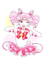  1girl absurdres bishoujo_senshi_sailor_moon bishoujo_senshi_sailor_moon_stars bow brooch chibi_usa choker circlet cone_hair_bun double_bun earrings elbow_gloves gloves hair_bun hair_ornament highres jewelry long_hair one_eye_closed open_mouth pink_choker pink_hair pink_sailor_collar red_bow red_eyes sailor_chibi_moon sailor_collar sailor_senshi_uniform skirt smile solo super_sailor_chibi_moon_(stars) twintails wheather white_gloves 