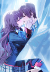  1boy 1girl a-chan_(little_busters!) absurdres assertive_female backlighting black_jacket blue_bow blue_bowtie blue_eyes blue_necktie blurry blush bow bowtie brown_eyes brown_hair collared_shirt commentary_request couple cowboy_shot curtains depth_of_field eye_contact eyelashes from_side grey_skirt hair_between_eyes hands_on_another&#039;s_cheeks hands_on_another&#039;s_face hands_up hetero highres imminent_kiss indoors jacket little_busters! little_busters!_school_uniform long_hair long_sleeves looking_at_another miiizuno_lbs miniskirt natsume_kyousuke necktie parted_lips plaid_clothes plaid_skirt pleated_skirt profile puckered_lips school_uniform shirt short_hair skirt sweatdrop tsurime very_long_hair wavy_hair white_shirt 