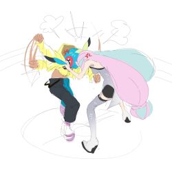  2girls anger_vein blonde_hair blue_hair canari_(pokemon) heads_together hexagon_print highres iono_(pokemon) jacket marnie_(marnielovesyou) multicolored_hair multiple_girls pink_hair pokemon pokemon_legends:_z-a pokemon_sv single_leg_pantyhose split-color_hair two-tone_hair white_background yellow_jacket 