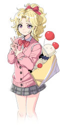  1girl blonde_hair bow bowtie cardigan cellphone character_doll cropped_legs dede_(qwea_00000) dissidia_duellum_final_fantasy dissidia_final_fantasy doll final_fantasy final_fantasy_vi hair_bow holding holding_phone looking_at_viewer miniskirt moogle official_alternate_costume phone pink_cardigan pleated_skirt simple_background skirt smartphone smile solo terra_branford thighs v violet_eyes 