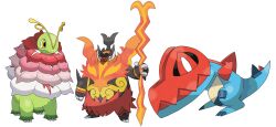  cardnlh colored_sclera derivative_work emboar fangs feraligatr fire flower highres holding holding_staff hood hood_up mega_emboar mega_feraligatr mega_meganium mega_pokemon meganium no_humans pokemon pokemon_(creature) pokemon_focus pokemon_legends:_z-a red_eyes sharp_teeth simple_background skin_fangs spikes spoilers staff tail teeth white_background yellow_eyes 