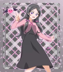  1girl :d absurdres artist_name black_background black_border black_dress black_hair black_theme black_wings blush border bow braid breasts commentary cowboy_shot curled_fingers diamond-shaped_pupils diamond_(shape) dress fingernails gingham_background hair_bow heart heart_background highres kimi_to_idol_precure legs_apart long_dress long_hair long_sleeves looking_at_viewer meroron_(civilian)_(precure) meroron_(precure) neck_ribbon open_mouth outline outside_border parted_bangs pink_bow pink_ribbon pink_shirt precure purple_outline ribbon sakuragawa3710 see-through_clothes see-through_shirt shirt small_breasts smile solo sparkle sparkle_background standing strapless strapless_dress symbol-shaped_pupils twin_braids very_long_hair violet_eyes w wings 