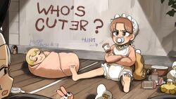  4girls baby baby_animal baby_bottle barefoot bird blonde_hair bottle brown_hair bunny_nun_(diva) chicken closed_eyes clumsy_nun_(diva) diaper diva_(hyxpk) duck duckling eggshell_hat english_commentary graffiti grey_hair hair_ornament hanging_plant highres hungry_nun_(diva) little_nuns_(diva) mouse_(animal) mouse_hole multiple_girls nun pacifier rabbit_hair_ornament sleeping smug_nun_(diva) sulking traditional_nun 