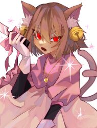  animal_ears bell brown_hair cat_ears cat_tail chara_(undertale) cosplay fffkace gold_necklace hair_ornament highres jewelry knife mad_mew_mew mad_mew_mew_(cosplay) necklace red_eyes tail undertale utdr_(toby_fox) 