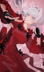  1girl absurdres black_gloves blue_eyes breasts clenched_hand commentary_request cowboy_shot dress dutch_angle earrings fingerless_gloves floating_hair gloves grey_hair hair_intakes highres jewelry knowname long_hair long_sleeves medium_breasts mixed-language_commentary parted_lips partial_commentary pink_background punching red_dress saigo_ni_hitotsu_dake_onegai_shite_mo_yoroshii_deshou_ka scarlet_el_vandimion smile solo twitter_username 