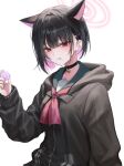  1girl :t animal_ears asymmetrical_sidelocks black_choker black_hair black_jacket blue_archive blunt_bangs blunt_ends bob_cut cat_ears chabi choker colored_inner_hair food food_in_mouth green_sailor_collar hair_behind_ear hair_ornament hairclip halo hand_up highres holding holding_food hood hood_down jacket kazusa_(blue_archive) long_sleeves looking_at_viewer macaron multicolored_hair neckerchief pink_hair pink_halo puffy_long_sleeves puffy_sleeves red_eyes red_neckerchief sailor_collar short_hair simple_background solo two-tone_hair upper_body white_background 
