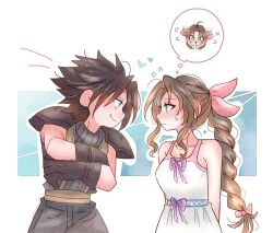  1boy 1girl 7_(milu577610) aerith_gainsborough armor arms_behind_back bare_shoulders black_gloves black_hair blue_eyes blush brown_hair commentary couple cowboy_shot crisis_core_final_fantasy_vii crossed_arms dress final_fantasy final_fantasy_vii flying_sweatdrops gloves green_eyes hair_ribbon heart highres long_hair looking_at_another nervous_sweating pink_ribbon ribbed_sweater ribbon shoulder_armor simple_background sleeveless sleeveless_turtleneck smile speech_bubble spiky_hair sweat sweatdrop sweater symbol-only_commentary thought_bubble turtleneck turtleneck_sweater white_dress zack_fair 
