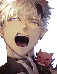  1boy absurdres artist_name black_hair black_nails bright_pupils creature creature_on_shoulder crimzon_ruze earrings extra_eyes fangs grey_hair hair_between_eyes highres holostars holostars_english horns jewelry male_focus multicolored_hair on_shoulder open_mouth pointy_ears portrait potamikouu ruzader_(crimzon_ruze) sharp_tail signature teeth two-tone_hair violet_eyes virtual_youtuber white_background 