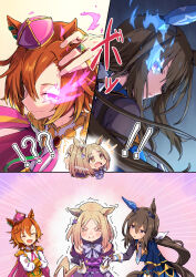  ! !! !? 3girls :o admire_vega_(starry_nocturne)_(umamusume) admire_vega_(umamusume) animal_ears armor asymmetrical_gloves black_gloves black_hair blonde_hair blue_dress bow bowtie close-up closed_mouth crown dress ear_covers flaming_eye gloves gold_armor gold_ring hair_between_eyes highres horse_ears horse_girl horse_tail jewelry long_hair looking_at_viewer mini_crown mismatched_gloves multiple_girls multiple_rings narita_top_road_(the_proud_road)_(umamusume) narita_top_road_(umamusume) necktie open_mouth orange_eyes orange_hair ponytail purple_dress ring short_hair single_ear_cover starheart t.m._opera_o_(o_sole_suo!)_(umamusume) t.m._opera_o_(umamusume) tail trembling umamusume umamusume:_road_to_the_top violet_eyes white_gloves 