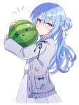  1girl aqua_hair blue_eyes blue_hair blue_ribbon blush closed_mouth colored_inner_hair commentary cowboy_shot dress eyelashes food fruit grey_dress grey_jacket hair_between_eyes hair_ribbon highres holding hololive hoshimachi_suisei hoshimachi_suisei_(school_uniform) jacket long_hair long_sleeves multicolored_hair official_alternate_costume one_side_up open_clothes open_jacket ribbon simple_background solo star_(symbol) star_in_eye suika_game symbol_in_eye tsumurimai two-tone_hair virtual_youtuber watermelon white_background white_ribbon 