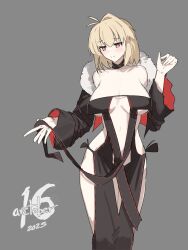  1girl absurdres arcueid_brunestud black_dress blonde_hair blush breasts center_opening choker cosplay dress fate/grand_order fate_(series) fur-trimmed_jacket fur_collar fur_trim grey_background highres jacket jonyeld large_breasts leather leather_choker navel red_eyes red_trim revealing_clothes ribbon-trimmed_dress ribbon_trim short_hair simple_background solo strapless strapless_dress trait_connection tsukihime vampire yu_mei-ren_(fate) yu_mei-ren_(fate)_(cosplay) yu_mei-ren_(third_ascension)_(fate) 