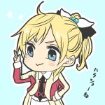  1girl ahoge ayase_eli black_bow black_necktie blonde_hair blue_background blue_eyes blush bow chibi closed_mouth collared_shirt commentary_request cowboy_shot hair_bow hand_on_own_hip idol idol_clothes index_finger_raised jacket kashikaze long_sleeves love_live! love_live!_school_idol_project medium_hair multicolored_clothes multicolored_jacket necktie outline ponytail red_jacket shirt smile solo translation_request two-tone_jacket white_outline white_shirt 