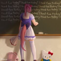  1girl absurdres animal_ears backpack bag board_eraser bouquet chalk chalkboard classroom ear_covers ears_down english_text flower from_behind hairband haru_urara_(umamusume) headband hello_kitty hello_kitty_(character) highres holding holding_bouquet holding_chalk horse_ears horse_girl horse_tail indoors l1amanade long_hair pink_hair pink_headband ponytail puffy_short_sleeves puffy_sleeves purple_shirt red_headband sailor_collar sailor_shirt sanrio school_uniform shirt short_sleeves skirt tail thigh-highs tracen_school_uniform umamusume white_sailor_collar white_skirt white_thighhighs writing zettai_ryouiki 