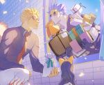  1girl 2boys aged_down baby_5 black_hair black_shirt blonde_hair blue_hair blue_sky bow box capri_pants child collared_shirt dareka_25 donquixote_doflamingo earrings fisheye from_behind gift gift_box gladius_(one_piece) goggles hair_bow happy_birthday highres holding holding_gift jewelry long_hair looking_at_another mask mouth_mask multiple_boys necktie on_one_knee one_piece pants parted_lips red_necktie shirt short_hair sky spiky_hair too_many_gifts window yellow_bow 