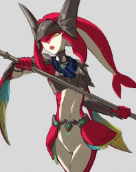  1girl armor colored_skin commentary english_commentary fins fish_girl grey_background hair_ornament highres holding holding_polearm holding_weapon jewelry lilimoon_draws long_hair mipha monster_girl multicolored_skin no_eyebrows open_mouth pointy_ears polearm red_hair red_skin solo spear the_legend_of_zelda the_legend_of_zelda:_breath_of_the_wild weapon yellow_eyes zora 
