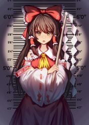 absurdres ascot blonde_hair blush bow brown_eyes brown_hair detached_sleeves frills gohei hair_bow hair_tubes hakurei_reimu hat height_chart highres japanese_clothes long_hair miko mugshot nontraditional_miko ofuda open_mouth parody red_bow red_eyes ribbon shirt short_hair skirt solo standing touhou xiao_hong_dou 