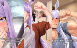  2girls alternate_muscle_size animal_ears biceps blunt_bangs blush breasts brick_wall choker collarbone ear_covers flexing gold_ship_(umamusume) horse_ears horse_girl long_hair mejiro_mcqueen_(umamusume) meme multiple_girls muscular muscular_female one_eye_closed open_mouth photo_background pillbox_hat purple_hair red_eyes seatbelt smile smirk smug sparkle swept_bangs thick_arms umamusume vennyyyy_draws violet_eyes when_he&#039;s_copying_your_snaps_so_you_pull_this_move_(meme) white_hair yuri 