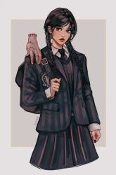  1girl 1other asayris_art black_bag black_eyes black_hair black_jacket black_nails black_necktie black_skirt black_sweater braid closed_mouth collared_shirt cowboy_shot cropped_legs disembodied_hand freckles grey_background hand_on_another's_shoulder jacket long_hair nail_polish necktie pleated_skirt scar scar_on_hand school_uniform shirt skirt striped_clothes striped_jacket suit_jacket sweater the_addams_family thing_(the_addams_family) twin_braids wednesday_(netflix) wednesday_addams white_shirt 