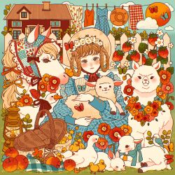  1girl animal animal_hug apple basket bird blue_dress blue_eyes blush brown_hair bug butterfly checkered_clothes checkered_dress closed_mouth clothesline clouds day dress eyelashes flower food fruit goose grass hair_flower hair_ornament hair_rings hat highres horse house looking_at_viewer mtirn3373 original outdoors rabbit red_flower sheep sitting solo square strawberry sun white_flower white_horse wispy_bangs 