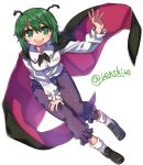  1girl :d antennae black_cape black_footwear black_pants cape collared_shirt commentary full_body green_eyes green_hair highres long_sleeves looking_at_viewer open_mouth pants renshirenji shirt short_hair smile socks solo touhou twitter_username white_shirt white_socks wriggle_nightbug 