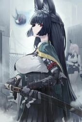  animal_ears fox_ears glasses hoshimi_miyabi katana long_hair multiple_girls naginata rain sword tsukishiro_yanagi weapons wet zenless_zone_zero 