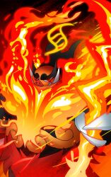  absurdres bones_dio claws closed_mouth emboar fangs fire flaming_weapon highres holding holding_staff mega_emboar mega_evolution_symbol mega_pokemon no_humans pokemon pokemon_(creature) pokemon_focus pokemon_legends:_z-a red_eyes sharp_teeth spoilers staff teeth weapon 