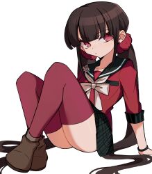  1girl arm_support black_sailor_collar blunt_bangs bow bowtie brown_hair collarbone commentary crossed_ankles danganronpa_(series) danganronpa_v3:_killing_harmony hair_ornament hair_scrunchie harukawa_maki highres knees_up long_hair long_sleeves looking_at_viewer low_twintails mi_shengwu_3.2_hao mole mole_under_eye pleated_skirt red_eyes red_scrunchie red_shirt red_thighhighs sailor_collar school_uniform scrunchie serious shirt sitting skirt solo thigh-highs twintails very_long_hair white_background white_bow white_bowtie zettai_ryouiki 