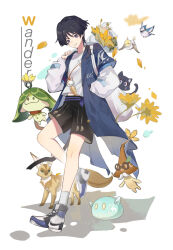  1boy adapted_costume animalization arama_(genshin_impact) aranara_(genshin_impact) arapandu_(genshin_impact) backpack bag baggy_clothes bird black_cat black_hair black_shorts blue_coat blue_sleeves blunt_ends bouquet buckle casual cat character_name clenched_hand coat creature cross-laced_shoes eyeliner eyeshadow feathers fennec_fox finch fingernails flower full_body genshin_impact gold_trim hand_in_pocket highres holding holding_bouquet lapels layered_sleeves long_sleeves makeup male_focus midriff_peek parted_lips person_and_animalization pom_pom_(clothes) puffy_sleeves purple_rope red_eyeliner red_eyeshadow red_scarf rope scaramouche_(cat)_(genshin_impact) scaramouche_(genshin_impact) scarf shimianaya shirt shoes short_over_long_sleeves short_sleeves shorts slime_(substance) smile sneakers socks solo string violet_eyes wanderer_(genshin_impact) white_background white_bag white_mouth white_shirt white_shoes white_socks white_trim wispy_bangs yellow_feathers yellow_flower 