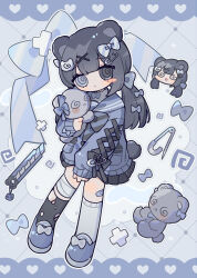  1girl @_@ absurdres animal_ears asymmetrical_legwear bear_ears bear_girl bear_tail black_hair black_skirt blue_eyes blue_shirt blue_shoes blush_stickers bow boxcutter commentary_request cross-laced_clothes cross-laced_sleeves grey_eyes hair_bow heterochromia highres holding holding_stuffed_toy long_hair long_sleeves looking_at_viewer low_twintails miniskirt mismatched_legwear original pleated_skirt rimeo safety_pin school_uniform serafuku shirt shoes single_blush_sticker skirt socks solo stuffed_animal stuffed_toy tail teddy_bear twintails white_bow white_socks 
