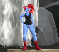  1girl 2018 3d animated animated_gif anthro bad_id bad_tumblr_id black_eyepatch black_tank_top blue_pants blue_skin boots colored_skin digital_media ear_fins eyepatch female female_only fighting_stance fins fish fish_girl full_body head_fins high_ponytail holding holding_polearm holding_spear holding_weapon inactive_account large_filesize long_hair lowres monster monster_girl outdoors pants polearm ponytail red_boots red_hair sharp_teeth slit_pupils solo source_filmmaker_(medium) spear standing tank_top teeth undertale undyne utdr_(toby_fox) uwotinfokm8 water waterfall weapon yellow_eyes yellow_teeth 
