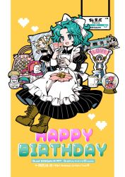  2boys 4girls absurdres apron artist_name back_bow bag black_dress black_shirt black_skirt blonde_hair blue_eyes blue_headband blue_jacket blue_pants boots border bow brown_boots brown_gloves card chocolate collared_dress creature cup dated detached_collar dress final_fantasy final_fantasy_vi frilled_apron frills fur_wrist_cuffs gloves green_hair grey_hair hair_bow hand_up happy_birthday hat headband highres holding holding_card holding_paintbrush holding_sign jacket juliet_sleeves locke_cole long_dress long_hair long_sleeves madeline_(ff6) maduin_(ff6) maid maid_apron midriff miri_(mirik) monster moogle multiple_boys multiple_girls official_alternate_costume one_eye_closed open_mouth paintbrush painting_(action) pants parted_bangs pink_hat ponytail puffy_sleeves relm_arrowny shirt shopping_bag side_ponytail sign sitting skirt smile snow_globe steaming_cup strapless terra_branford train tube_top twitter_username ultros umaro white_apron white_border white_bow white_shirt wrist_cuffs yeti_(creature) 